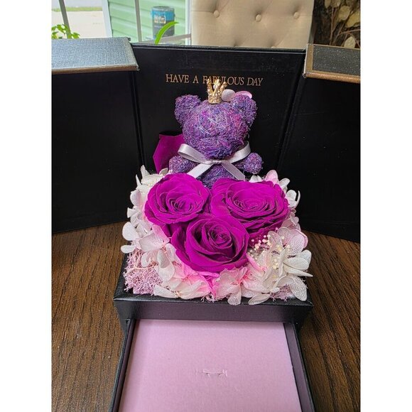 Luxury Black Gift Box With Purple Teddy Bear Preserved Roses & Decorative Flower - Picture 7 of 14